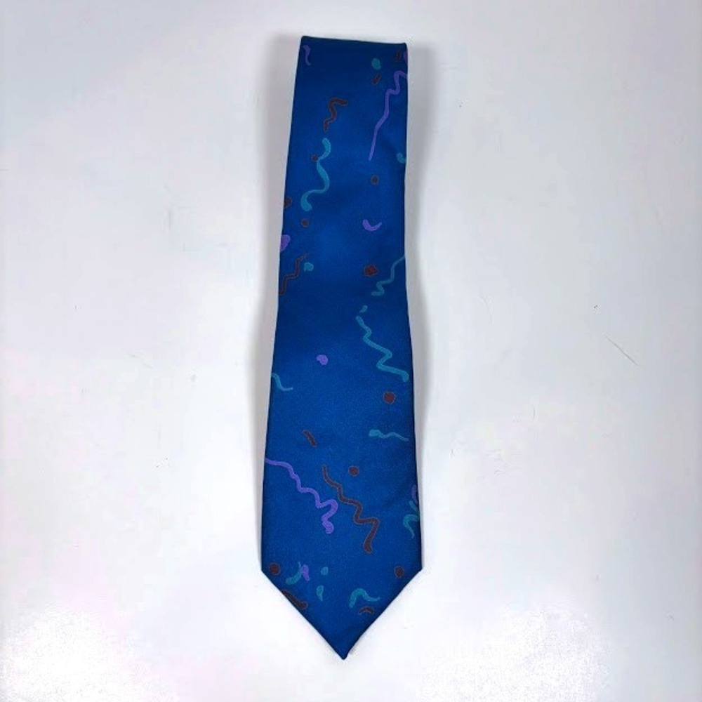 Calvin Klein Blue Silk Tie Retro Multicolor Confetti Pattern Throwback